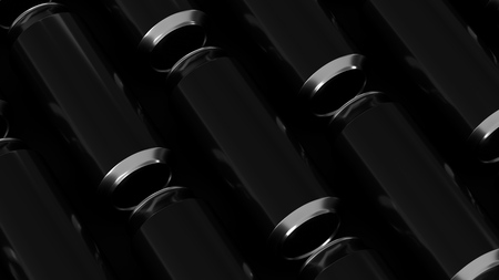 Raws of black soda cans on black background. Beverage mockup. Tin package of beer or drink. 3D rendering illustrationの写真素材