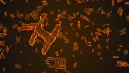 Abstract orange virus cells under microscope. Multiplication of bacteria or infection. Scientific...