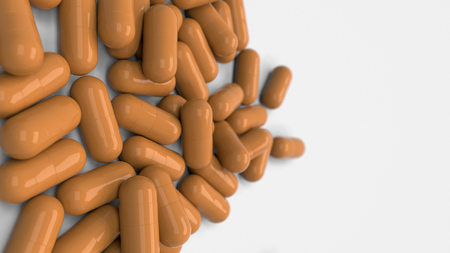 Pile of orange medicine capsules on white background. Medical, healthcare or pharmacy concept. 3D rendering illustrationの写真素材