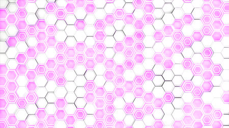 Abstract 3d background made of white hexagons on purple glowing background. Wall of hexagons....