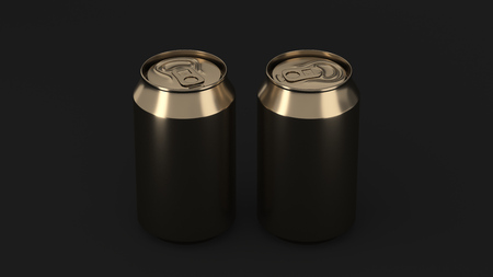 Two small gold aluminum soda cans mockup on black background. Tin package of beer or drink. 3D rendering illustrationの写真素材