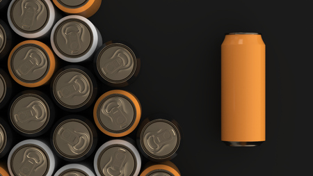 Big black, white and orange soda cans on black background. Beverage mockup. Tin package of beer or drink. 3D rendering illustrationの写真素材