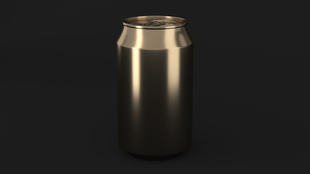 Blank small gold aluminium soda can mockup on black background. Tin package of beer or drink. 3D rendering illustrationの写真素材