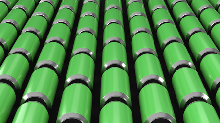 Raws of green soda cans on black background. Beverage mockup. Tin package of beer or drink. 3D rendering illustrationの写真素材