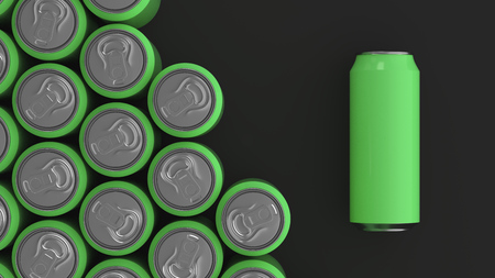 Big green soda cans on black background. Beverage mockup. Tin package of beer or drink. 3D rendering illustrationの写真素材