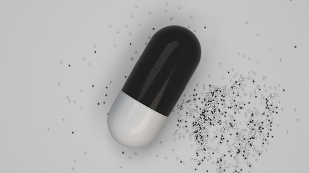 Capsule of black and white medicine on white background. Medical or pharmacy concept. 3D rendering illustrationの写真素材