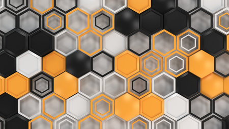 Abstract 3d background made of black, white and orange hexagons on white background. Wall of...
