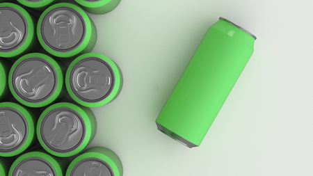 Big green soda cans on white background. Beverage mockup. Tin package of beer or drink. 3D rendering illustrationの写真素材
