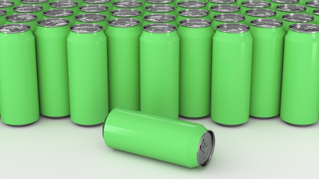 Big green soda cans on white background. Beverage mockup. Tin package of beer or drink. 3D rendering illustrationの写真素材