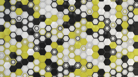 Abstract 3d background made of black, white and yellow hexagons on white background. Wall of...