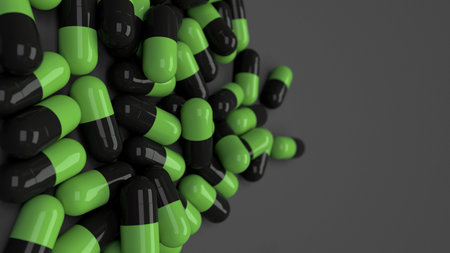 Pile of black and green medicine capsules on black background. Medical, healthcare or pharmacy concept. 3D rendering illustrationの写真素材