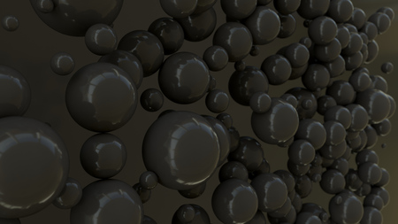 Black spheres of random size on black background. Abstract background with circles. Cloud of circles in front of wall. 3D rendering illustrationの写真素材