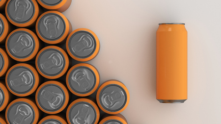 Big orange soda cans on white background. Beverage mockup. Tin package of beer or drink. 3D rendering illustrationの写真素材