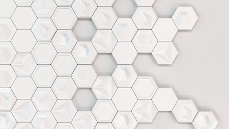 Abstract 3d background made of white hexagons on white background. Wall of hexagons. Honeycomb...