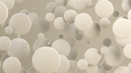 White discs of random size on white background. Abstract background with circles. Cloud of circles in front of wall. 3D rendering illustrationの写真素材