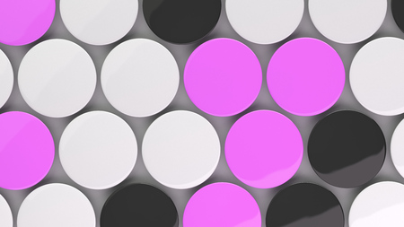 Blank black, white and purple badges on white background. Pin button mockup. 3D rendering illustrationの写真素材