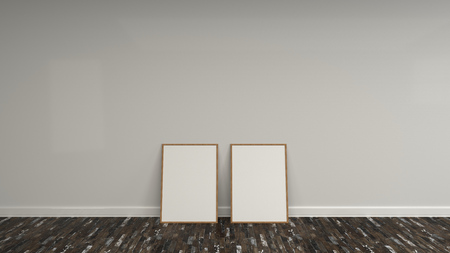 Blank white poster in wooden frame standing on the floor near the wall. Picture or photo mockup. 3D render illustrationの写真素材