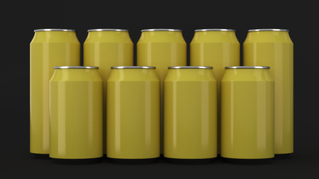 Big and small yellow soda cans standing in two raws on black background. Beverage mockup. Tin package of beer or drink. 3D rendering illustrationの写真素材