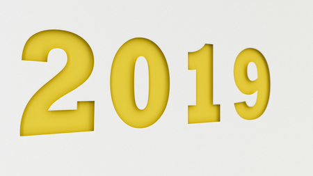 Yellow 2019 number cut in white paper. 2019 new year sign. 3D rendering illustrationの写真素材