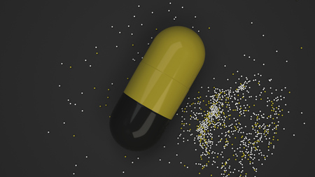 Capsule of colorful medicine on black background. Medical or pharmacy concept. 3D rendering illustrationの写真素材