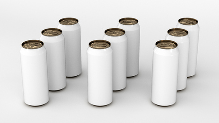 Raw of white soda cans on white background. Beverage mockup. Tin package of beer or drink. 3D rendering illustrationの写真素材
