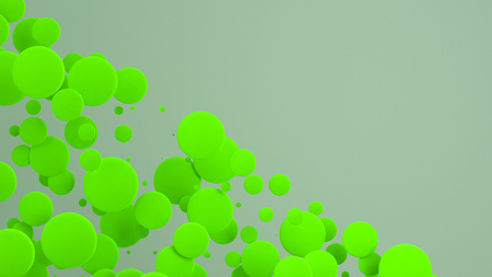 Green discs of random size on white background. Abstract background with circles. Cloud of circles in front of wall. 3D rendering illustrationの写真素材