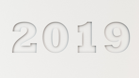 2019 number cut in white paper. 2019 new year sign. 3D rendering illustrationの写真素材