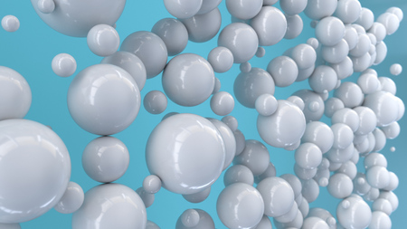 White spheres of random size on blue background. Abstract background with circles. Cloud of circles in front of wall. 3D rendering illustrationの写真素材