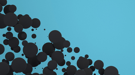Black discs of random size on blue background. Abstract background with circles. Cloud of circles in front of wall. 3D rendering illustrationの写真素材