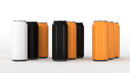 Raw of black, white and orange soda cans on white background. Beverage mockup. Tin package of beer or drink. 3D rendering illustrationの写真素材
