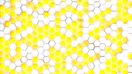 Abstract 3d background made of white hexagons on blue glowing background. Wall of hexagons....