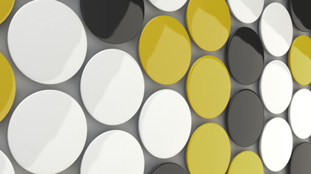 Blank black, white and yellow badges on white background. Pin button mockup. 3D rendering illustrationの写真素材
