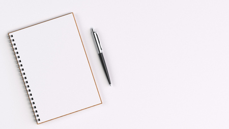 Blank white spiral notebook with automatic ballpoint pen on white table. Business, education or office mockup. 3D rendering illustration.の写真素材