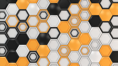 Abstract 3d background made of black, white and orange hexagons on white background.の写真素材