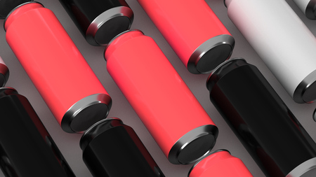 Raws of black, white and red soda cans on white background. Beverage mockup. Tin package of beer or drink. 3D rendering illustrationの写真素材