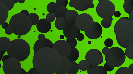 Black discs of random size on green background. Abstract background with circles. Cloud of circles in front of wall. 3D rendering illustrationの写真素材