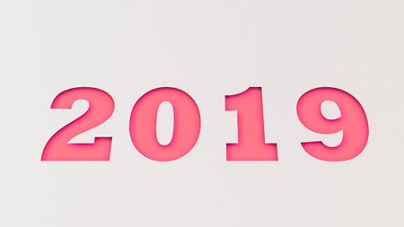 Red 2019 number cut in white paper. 2019 new year sign. 3D rendering illustrationの写真素材