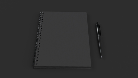 Blank black spiral notebook with automatic ballpoint pen on black table. Business, education or office mockup. 3D rendering illustration.の写真素材