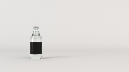 Mock up of transparent water bottle 0.33l with blank black label on white background. Design or branding template. 3D rendering illustrationの写真素材