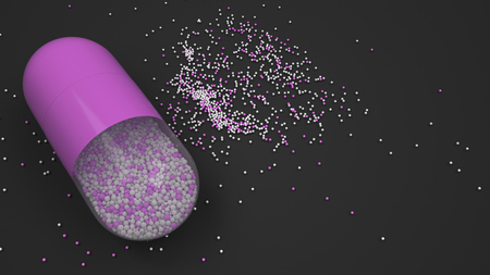 Capsule of colorful medicine on black background. Medical or pharmacy concept. 3D rendering illustrationの写真素材