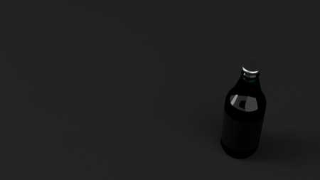 Mock up of green beer bottle 0.33l with blank black label on black background. Design or branding template. 3D rendering illustrationの写真素材
