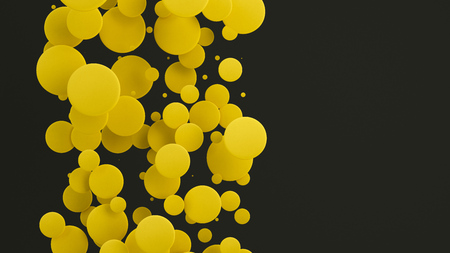 Yellow discs of random size on black background. Abstract background with circles. Cloud of circles in front of wall. 3D rendering illustrationの写真素材