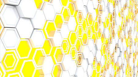 Abstract 3d background made of white hexagons on yellow glowing background. Wall of hexagons....