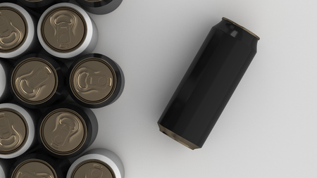 Big black and white soda cans on white background. Beverage mockup. Tin package of beer or drink. 3D rendering illustrationの写真素材