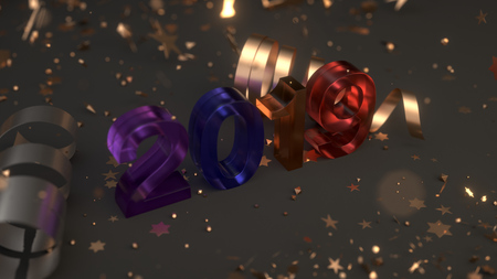 Glass 2019 number with golden confetti and serpentine on black background. 2019 new year sign. 3D rendering illustrationの写真素材