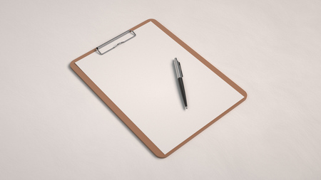 Wooden clipboard with white paper and automatic ballpoint pen isolated on white background. Blank paper mockup. 3D rendering illustration.の写真素材