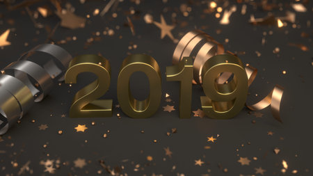 Golden 2019 number with confetti and serpentine on black background. 2019 new year sign. 3D...