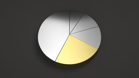 Metal pie chart with one gold sector on black background. Infographic mockup. 3D render illustrationの写真素材