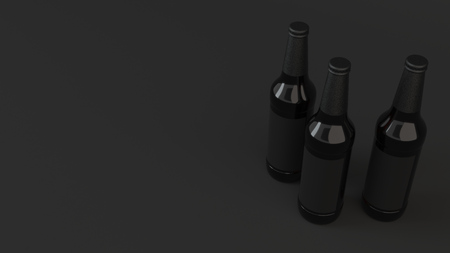 Mock up of three tall brown beer bottles 0.5l with blank black labels on black background. Design or branding template. 3D rendering illustrationの写真素材