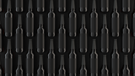 Rows of tall brown beer bottles 0.5l with blank black labels on black background. Design or branding template. 3D rendering illustrationの写真素材